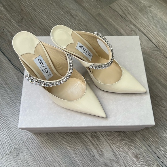 Jimmy Choo Bing 100 Ivory Patent Leather Mules with Crystal Strap - Picture 3 of 15